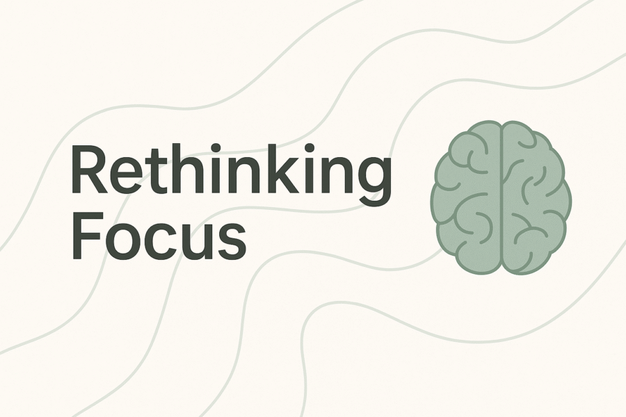 Calm minimalist design with text “Rethinking Focus” and abstract brain illustration representing ADHD and mental health awareness.